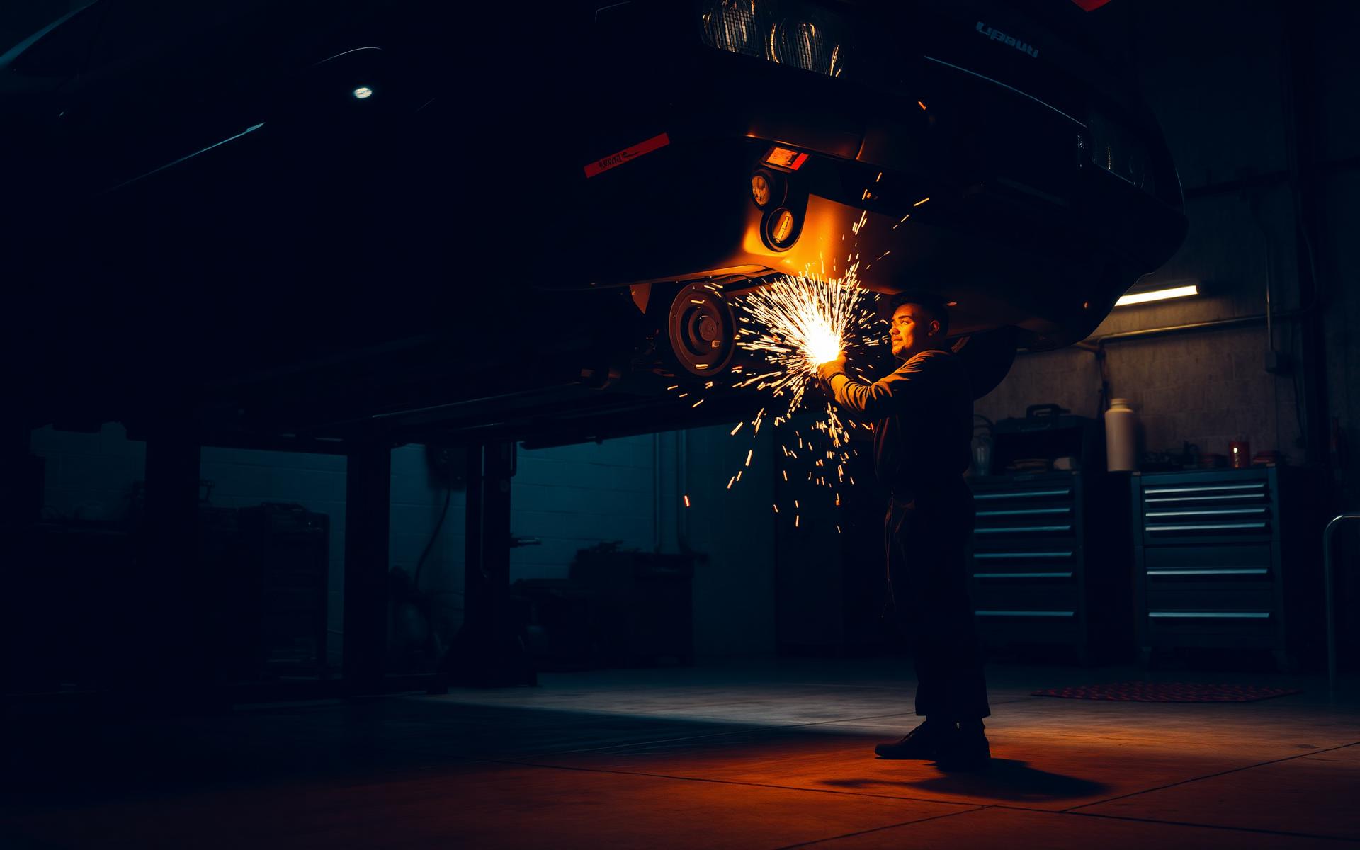 Mechanic working under a car in the shop